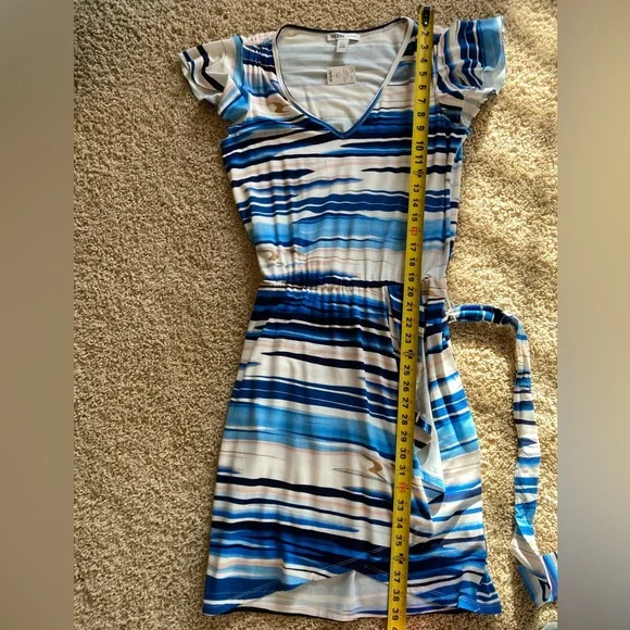 NWT: WHBM Striped Blue and White V-Neck Dress with tie belt and flutter sleeves - Picture 14 of 16